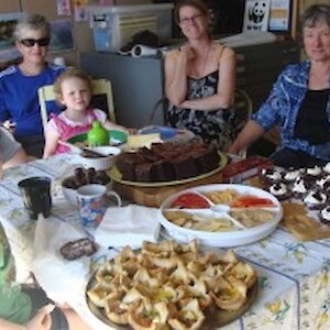 Smoko at the Community Nursery - from left Liam, Bronwyn, Abby, Trudie and Sherry